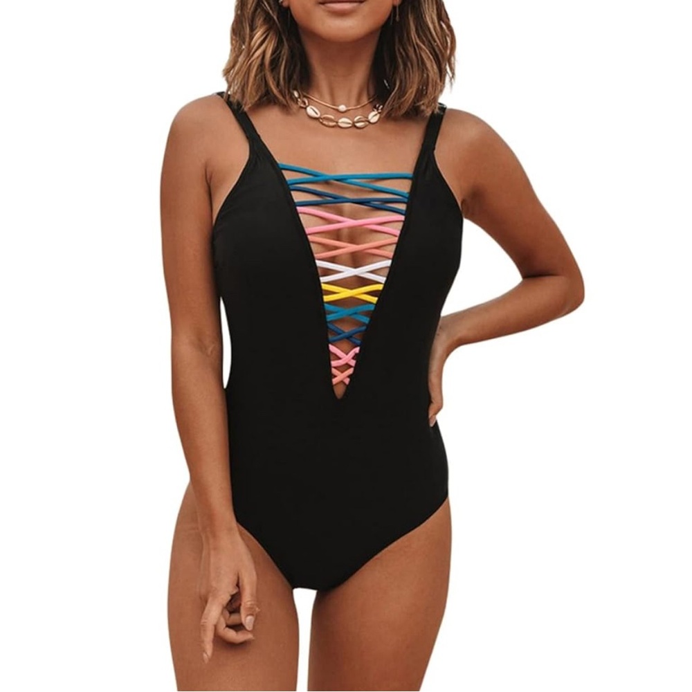 Black Multicolor Lace-Up Swimsuit